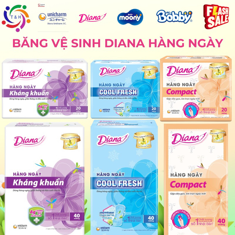 Băng vệ sinh Diana hàng ngày kháng khuẩn/cool fresh/compact 20 miếng,40 miếng (Mẹ và bé T&H)