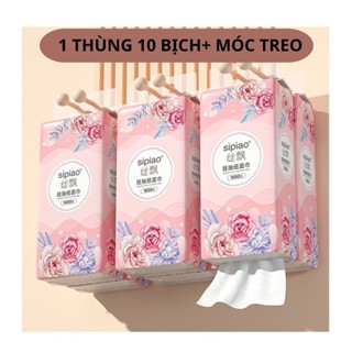 Tặng kèm móc treo - Thùng 10 bịch giấy treo đa năng Hoa Hồng, Khăn rút 4 lớp treo tường mỗi bịch 1000 tờ