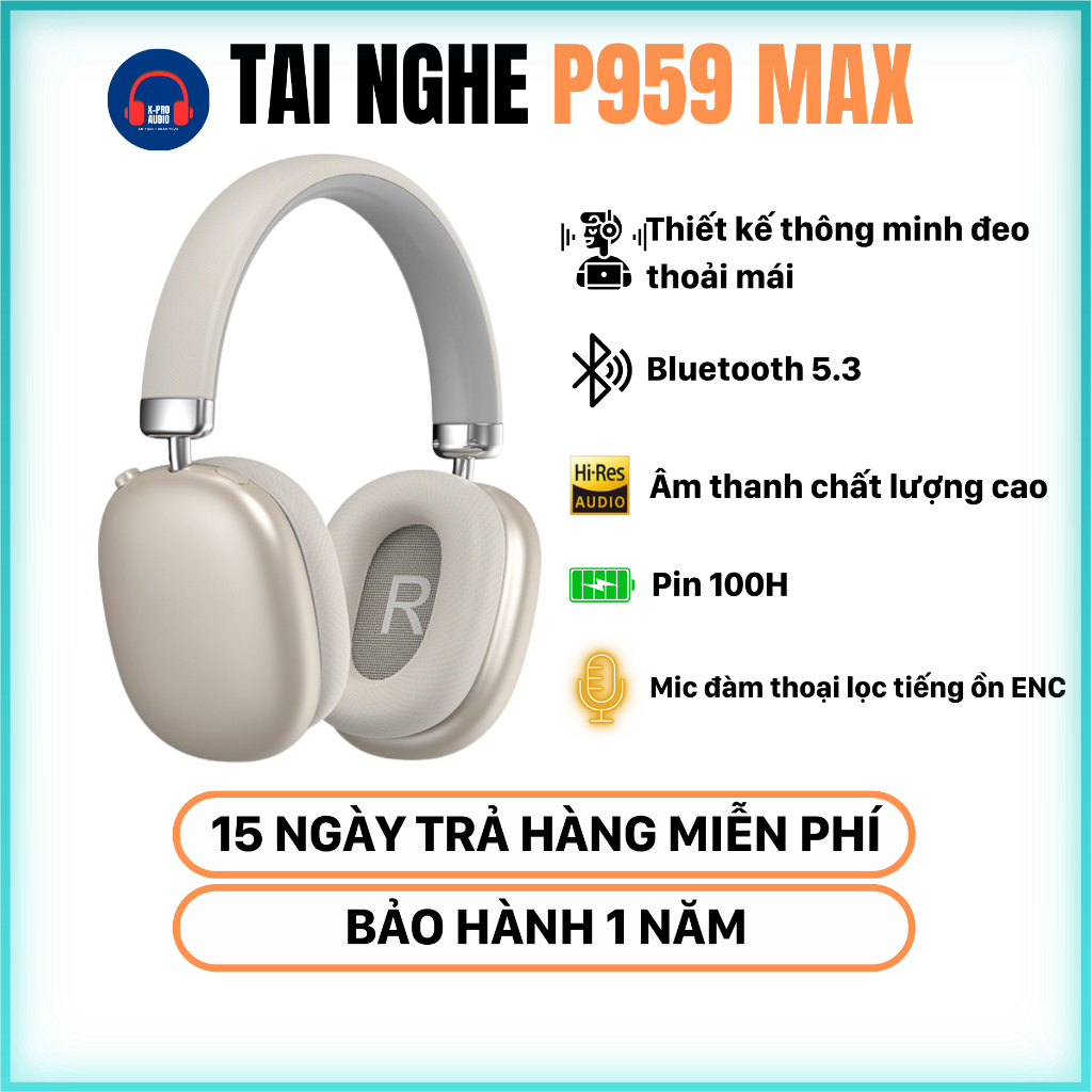 Tai Nghe Chụp Tai P959 Max Bluetooth 5.3 Không Dây, Chống Ồn, Bass Mạnh, Âm Thanh HiFi, Pin 20h, Mic