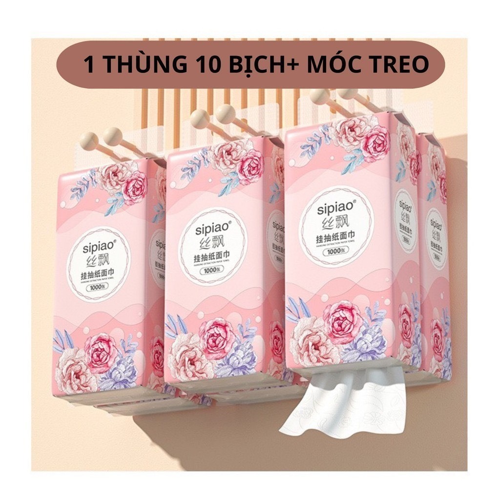 Thùng giấy rút treo đa năng Sipiao Hoa Hồng nội địa trung, Khăn rút 4 lớp treo tường mỗi bịch 1000 tờ