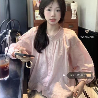   Sẵn_Ảnh Shop Chụp  Áo sơ mi nữ màu hồng sọc trắng kiểu dáng vintage đơn giản dáng babydoll cổ tròn bo chun dễ thương 