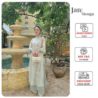 Áo dài cách tân nữ KÈM QUẦN 4 tà thiết kế thêu hoa phối tay bồng cánh tiên vải tơ mềm cao cấp - Store Jan