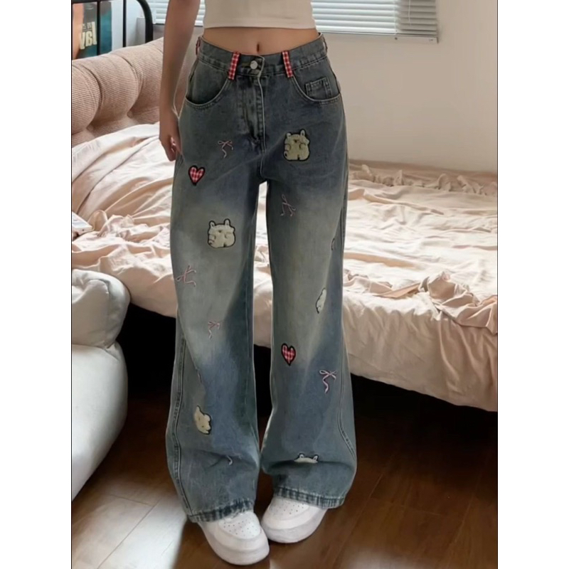 𝐘𝐮𝐫𝐢.𝐬𝐭𝐨𝐫𝐞 Quần Jeans Hoạ Tiết Trái Tim Kẻ Dáng Suông