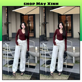  Quần Suông Trắng Be Cạp Cao Trơn Bagic Dáng Dài 98cm Chất Jean Mềm Che Khuyết Điểm Tốt 