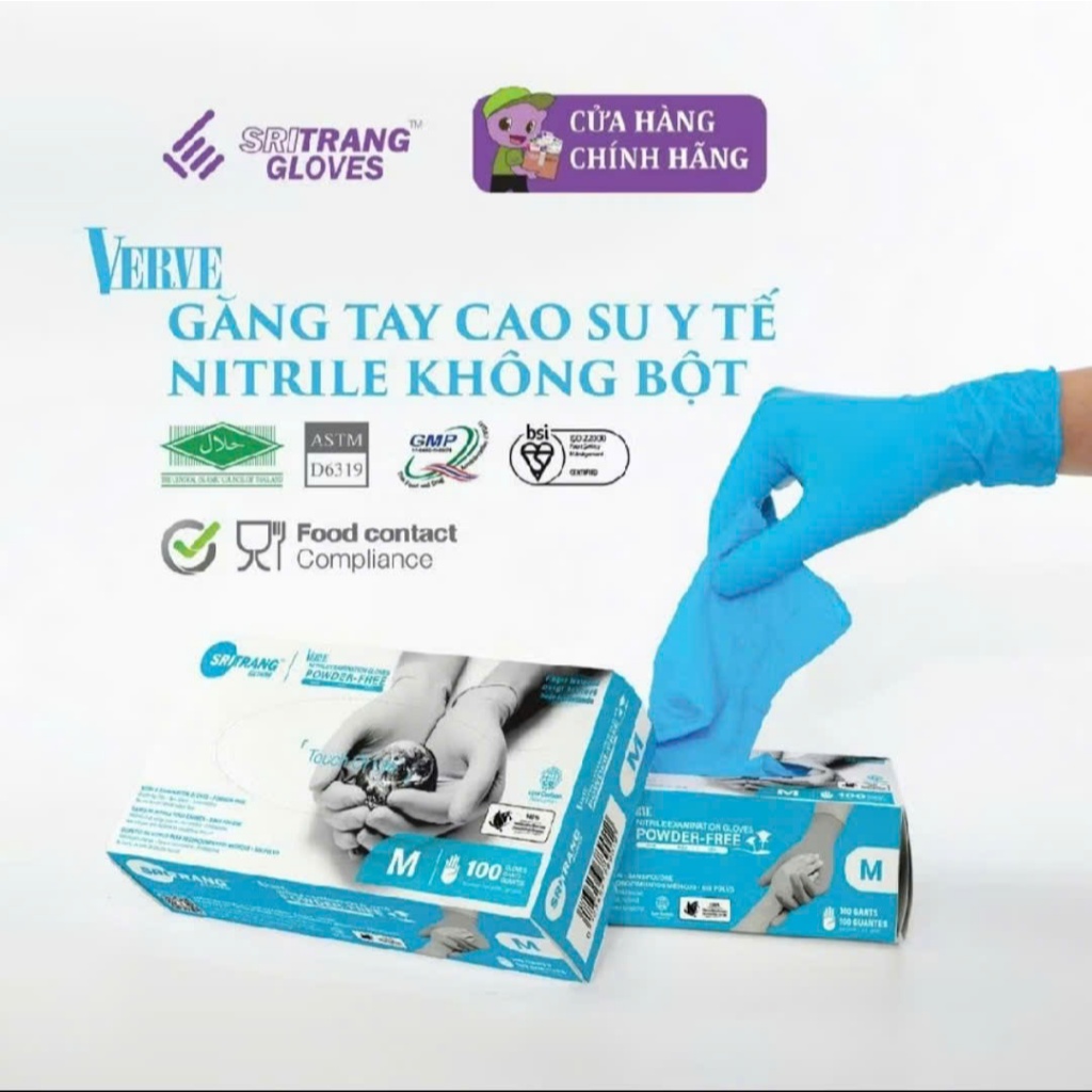 Găng tay cao su y tế màu xanh Sri Trang Nitrile không bột 4.8gram và 5.0gram. Nhập khẩu Thái Lan