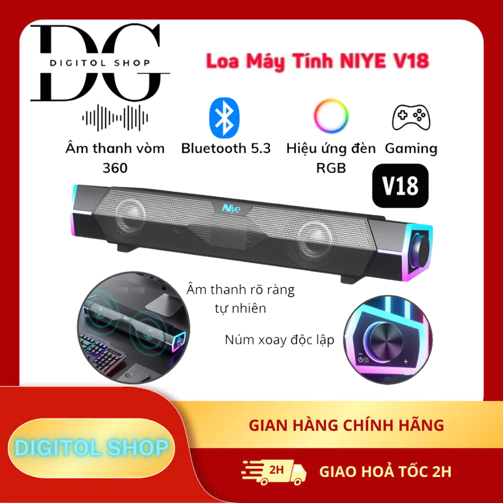 Loa Bluetooth Bass Mạnh Niye V18 Pro, Có Dây USB, LED RGB, Bass Siêu Trầm, Bảo Hành 12 Tháng