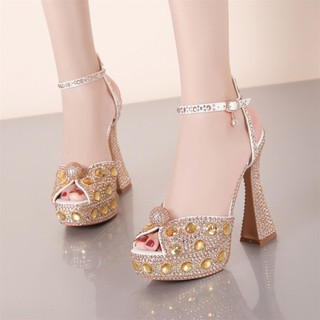 Giày cao gót vuông đính ngọc cao 14cm, giày cưới cô dâu dự tiệc HI462 (Hàng Đặt Trc)