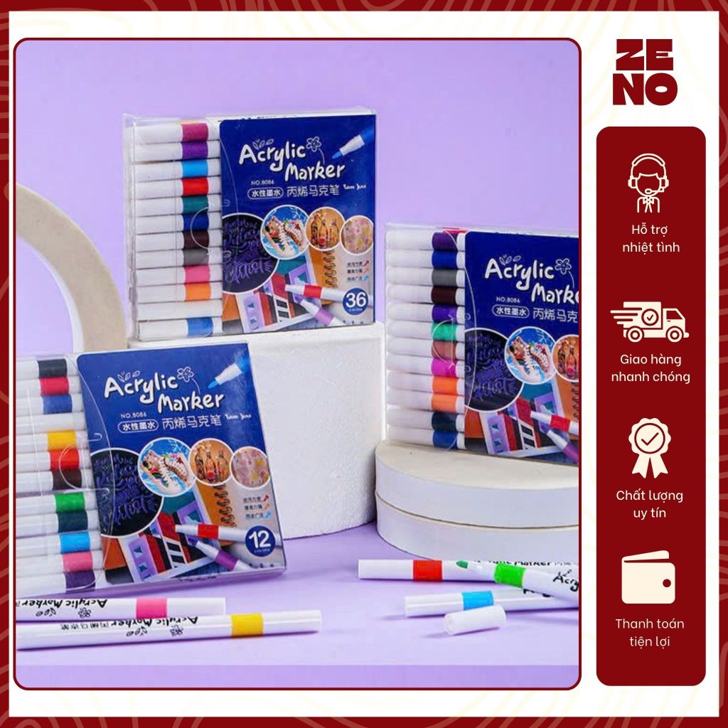 Hộp 12 bút highlight Zeno Acrylic Marker – Bút highlight đa năng, màu sắc tươi sáng