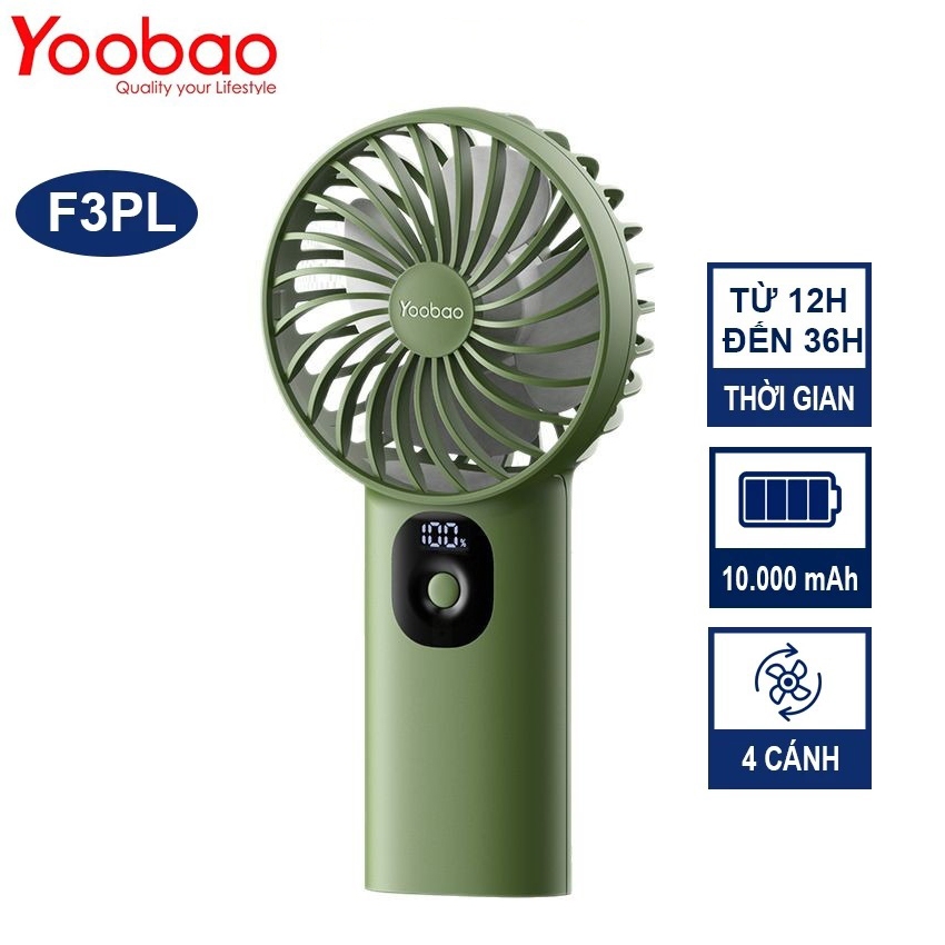 Quạt cầm tay Yoobao F3 PL dung lượng 8000mAh/10000mAh, có 3 tốc độ gió , màn hình LED hiển thị pin