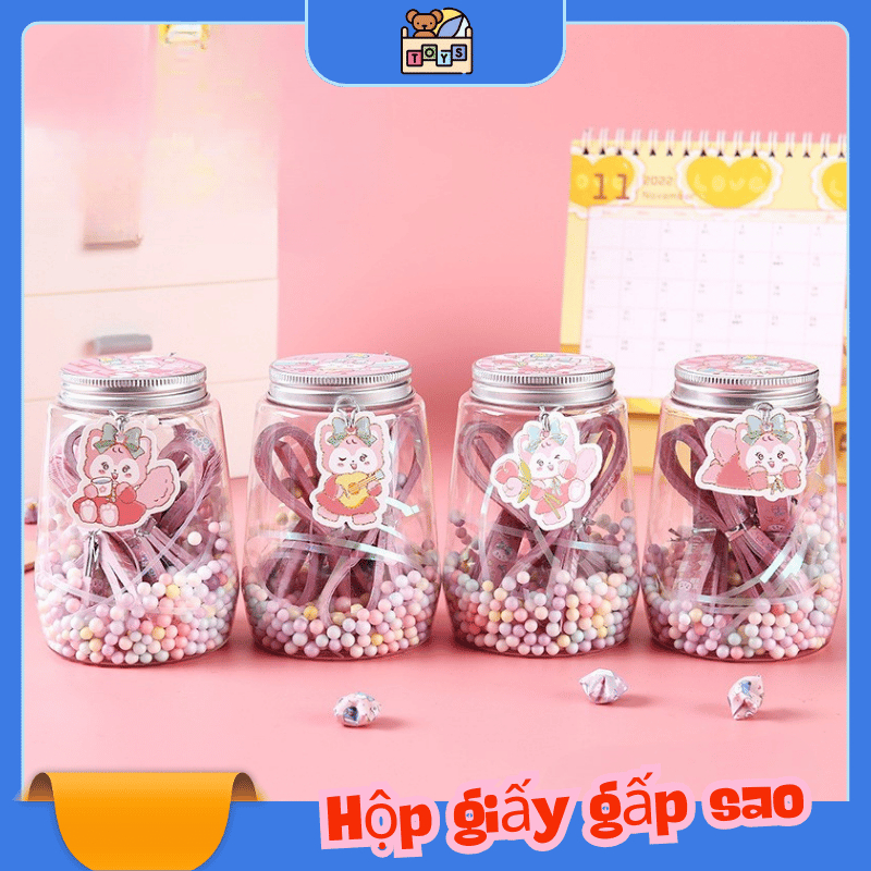 Hộp giấy xếp sao hoạt hình 120 tờ họa tiết dễ thương hộp tròn có phụ kiện kèm theo