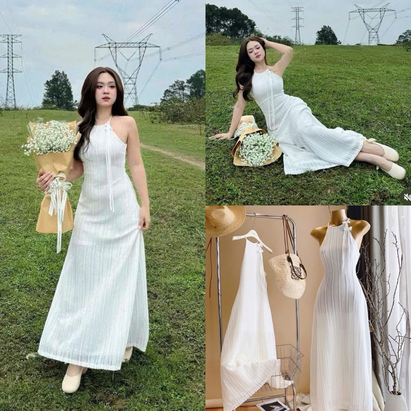 Đầm Maxi 2 dây hoa thắt eo