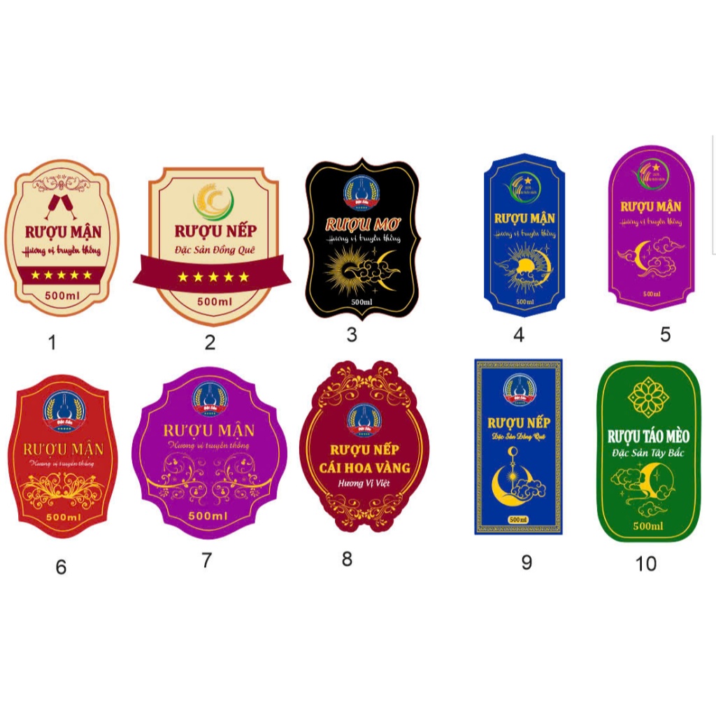 9 tem kT 6x9cm dán chai rượu, tem rượu Cốm, tem rượu Cẩm, tem nhãn dán chai rượu, logo thiết kế theo