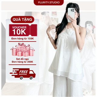 Set Bộ Đồ Nữ Thiết Kế Sang Trọng Chất Voan Tơ Gân Hàn Hai Lớp Đính Hoa Trà Cao Cấp Quần Suông FLURITY - PRETTY BD2DTG573