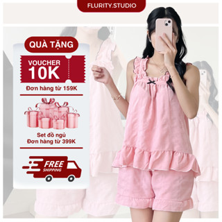  Set Bộ Đồ Quần Áo Nữ Thiết Kế Ngủ Áo Cổ Vuông Quần Ngắn Bản Dây Xoắn Chất Xốp Nhún Dễ Thương FLURITY - COCO BN2DXT747 