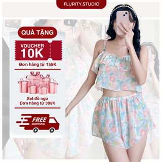 Set Bộ Đồ Ngủ Mặc Nhà Áo 2 Dây Phần Ngực Bèo Nhúng Quần Cộc Chất Voan Hàn Xuyên Thấu Mềm Mịn FLURITY - GEMMA BDLAHT539