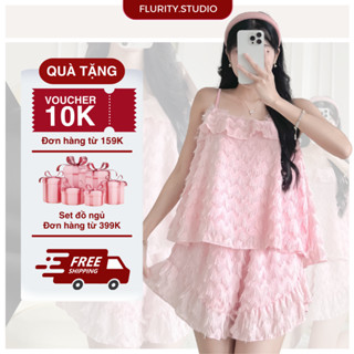 Set Bộ Đồ Ngủ Mặc Nhà Form Rộng Áo Hai Dây Thắt Nơ Sau Lưng Quần Ngắn Chất Voan Lông Lân Mềm FLURITY - MIRABEL BNCVLX051