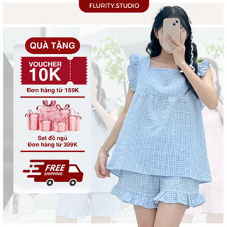  Set Đồ Bộ Quần Áo Ngủ Nữ Form Rộng Cổ Vuông Tay Cánh Tiên Đùi Cộc Vìn Bèo Xô Đũi Caro Xinh Xắn FLURITY - CINDY BNTRCT356 