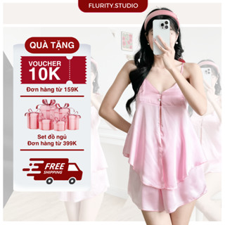 Set Bộ Đồ Ngủ Thiết Kế Mặc Nhà Áo Croptop Hai Dây Xẻ Hai Tà Quần Ngắn Lụa Latin Mềm Mịn Gợi Cảm FLURITY - MIA BNSERE239