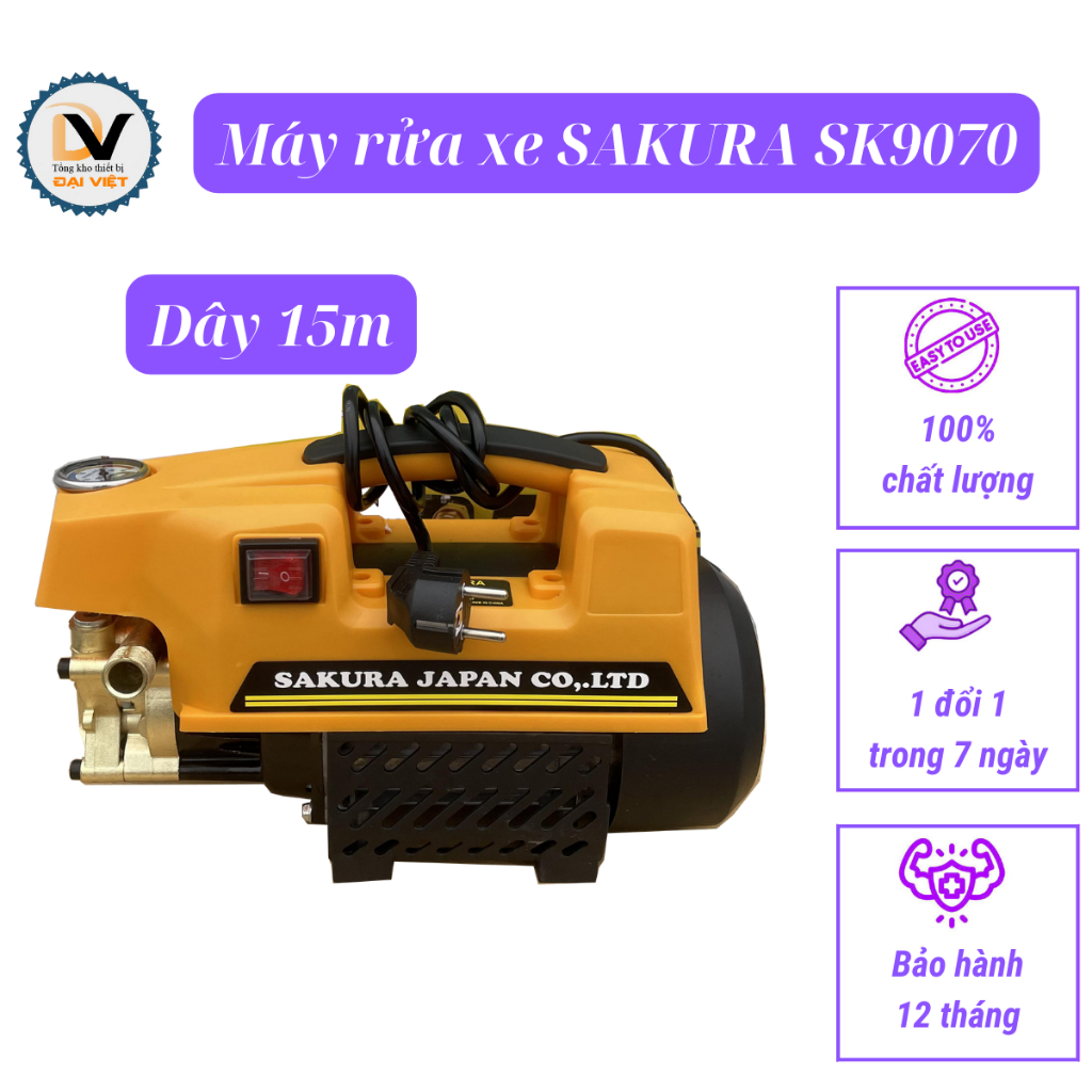 Máy rửa xe Sakura SK9070 công suất 2500W động cơ lõi đồng - Dây ấp lực 15 mét