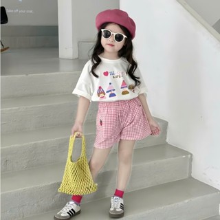  Set Đồ Bộ Bé Gái Áo Thun Cotton Cộc Tay+Quần Short Phối Kẻ Hồng  Quần Áo Trẻ Em Bé Gái Mùa Hè 