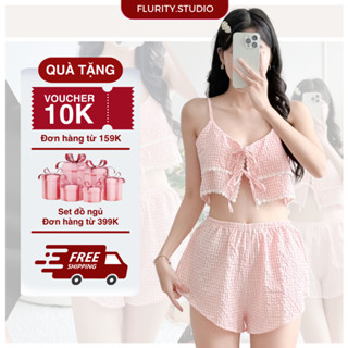  Set Đồ Bộ Ngủ Mặc Nhà Cổ V Hai Dây Thắt Nơ Ở Giữa Quần Cộc Chất Cotton Caro Mịn Cực Xinh & Slay FLURITY - CARA BNSETN175 
