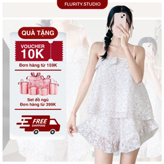 Set Bộ Đồ Ngủ Mặc Nhà Form Rộng Áo Hai Dây Thắt Nơ Sau Lưng Quần Ngắn Chất Voan Kết Lông Xù FLURITY - AIRA BNSELV190