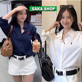 Áo sơ mi from rộng tay dài nữ thêu ngựa vải cotton lụa