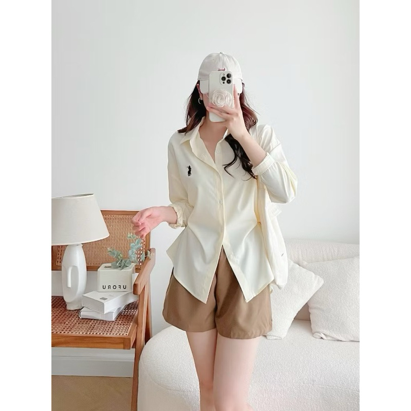 Áo sơ mi from rộng tay dài nữ thêu ngựa vải cotton lụa | BigBuy360 - bigbuy360.vn