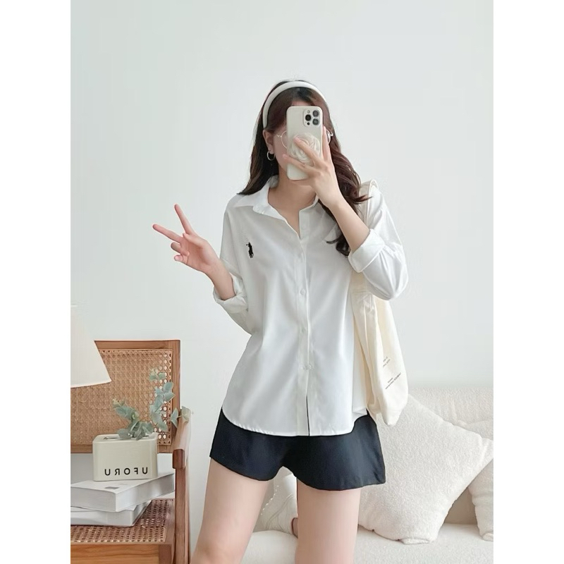 Áo sơ mi from rộng tay dài nữ thêu ngựa vải cotton lụa | BigBuy360 - bigbuy360.vn