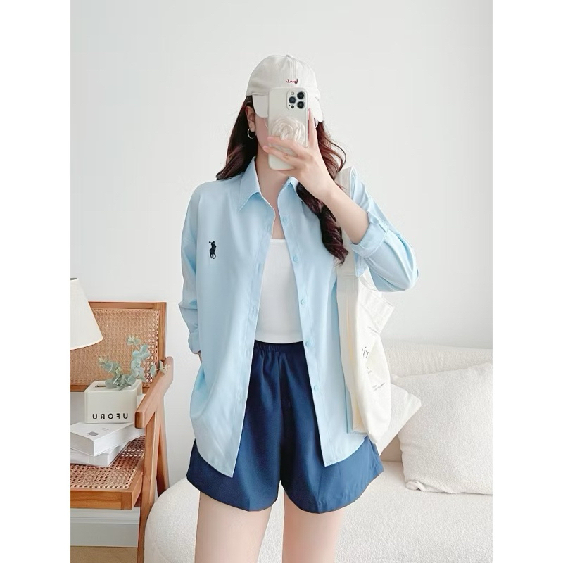 Áo sơ mi from rộng tay dài nữ thêu ngựa vải cotton lụa | BigBuy360 - bigbuy360.vn