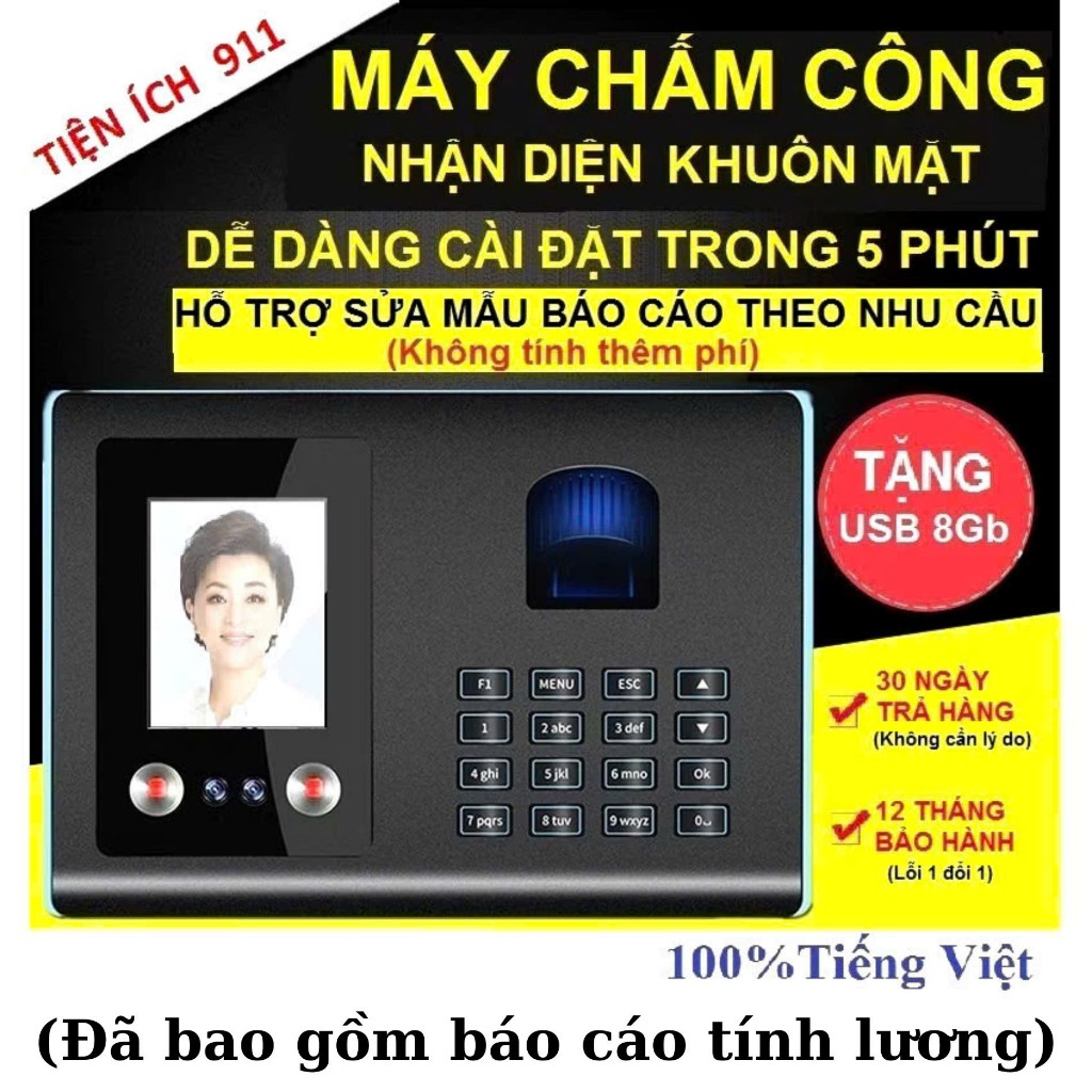 Máy Chấm Công Hỗ Trợ Khuôn Mặt và Vân Tay AF01 (Hỗ trợ tính lương Fultime và Partime)Tặng kèm USB