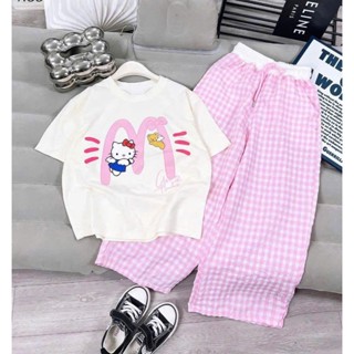 SÉT BỘ QUẦN DÀI ÁO THUN bé gái ( họa tiết HELLOKITTY QUẦN Ô VUÔNG 2 MÀU ) đáng yêu size 9-45kg