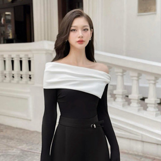  Áo Trễ Vai Xoắn Ngang Tay Vạt Lệch Đen Phối Trắng Ngắn Tay Dài Tay Chilies Store 