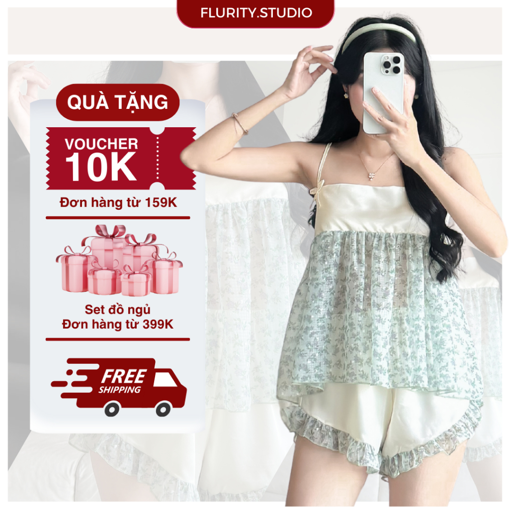 Set Đồ Bộ Ngủ Mặc Nhà Cổ Vuông Hai Dây Quần Cộc Kết Hợp Từ Lụa Latin & Voan Ô Bông Hoa Cực Slay FLUR