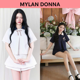 Set Áo Sơ Mi Phối Cổ Viền Kẻ Kèm Nơ Thome Mix Quần Váy Phong Cách Tiểu Thư MYLANDONNA