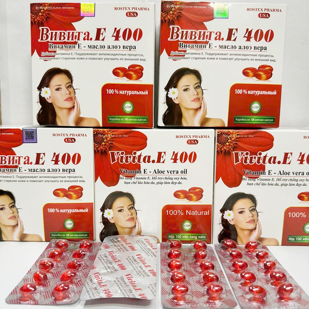 Viên Uống đẹp da Vitamin E đỏ, Aloe vera chống lão hóa, giảm nám sạm da - Vỉ 100 viên