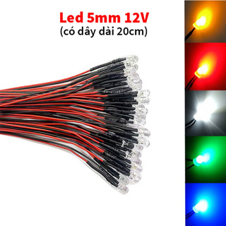 Set 10 bóng đèn led 12v 5mm có dây dài 20cm siêu sáng màu trắng, vàng, xanh, đỏ, flash nhiều màu