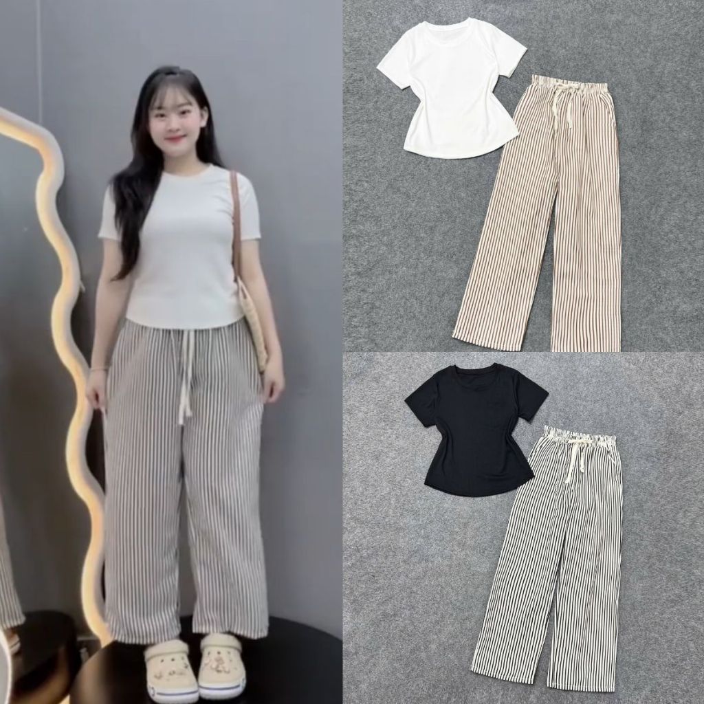 Set Kẻ Sọc Kiểu Bigsize Nữ Áo Thun Trơn Kèm Quần Dài Suông Vải Đũi Mát SET972