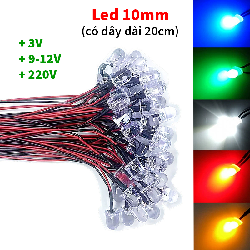 Set 5 bóng đèn led 10mm 3-6v, 9-12v, 220v có dây dài 20cm, led 12v, bóng đèn 12v siêu sáng trắng, và