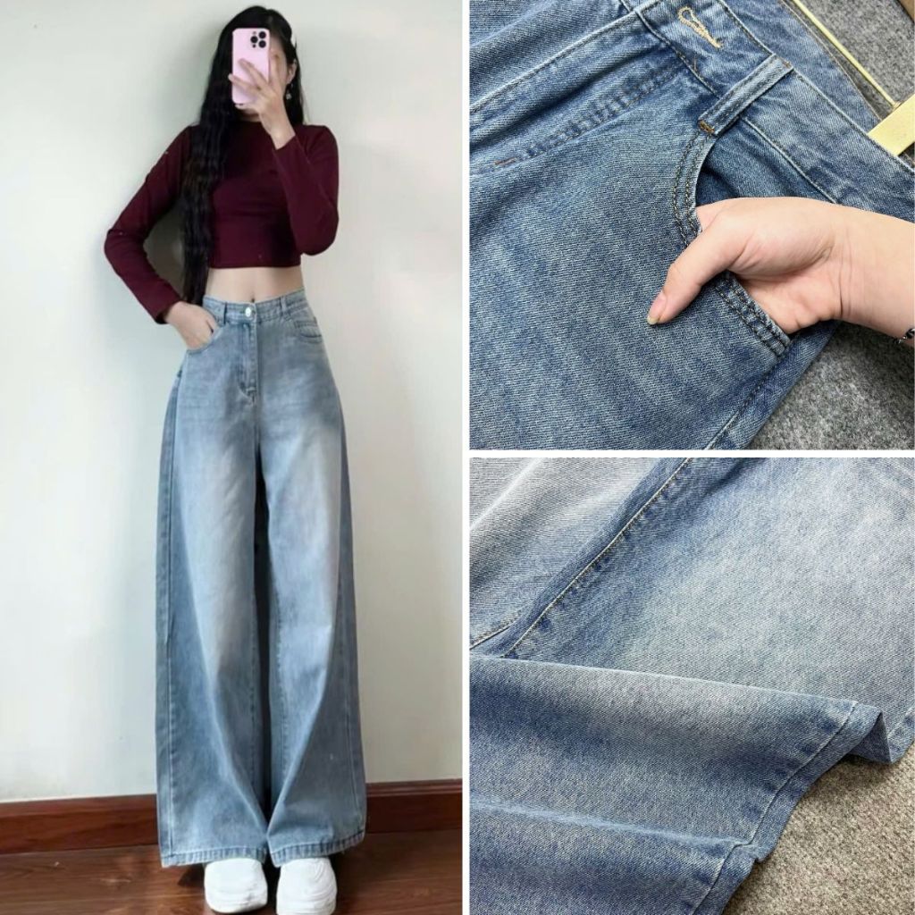 Quần jean nữ bigsize ống rộng dáng suông cạp cao
