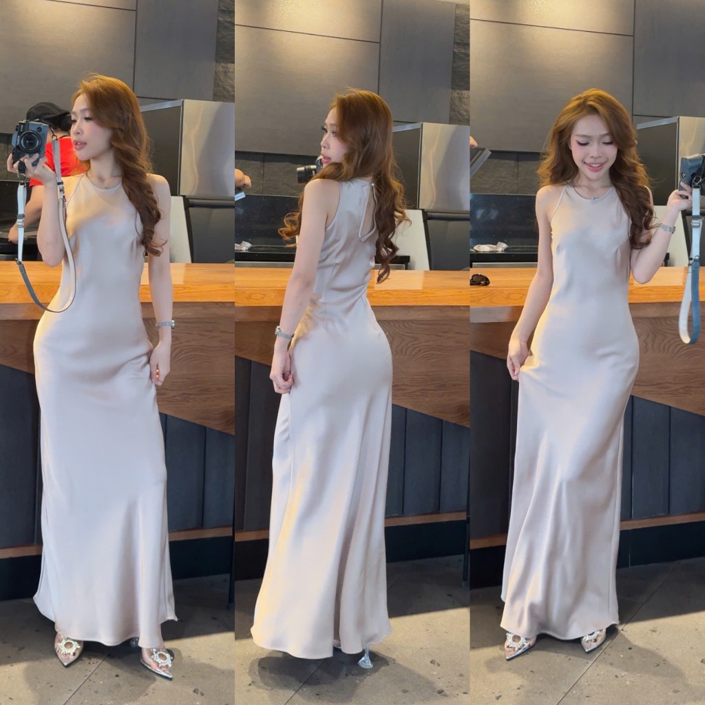 Đầm lụa Yếm dáng dài  ko dây kéo, lụa cao cấp Tô Châu, Size SML, giãn nhẹ ( LUA-7099)