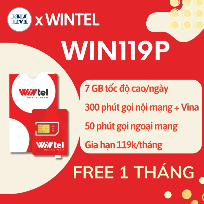 Sim [Vật lý] 4G Wintel Vina Win119P - 7GB/ngày - Miễn phí tháng đầu