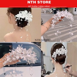 Bờm tóc cô dâu hoa tua rua hoa trắng mẫu mới 2025