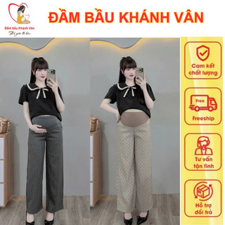  Quần bầu dáng xuông ống rộng họa tiết trái tim chất tuyết mưa đáp bụng chun chỉnh quần dài bầu-Mẹ bầu mặc ở nhà đi làm 