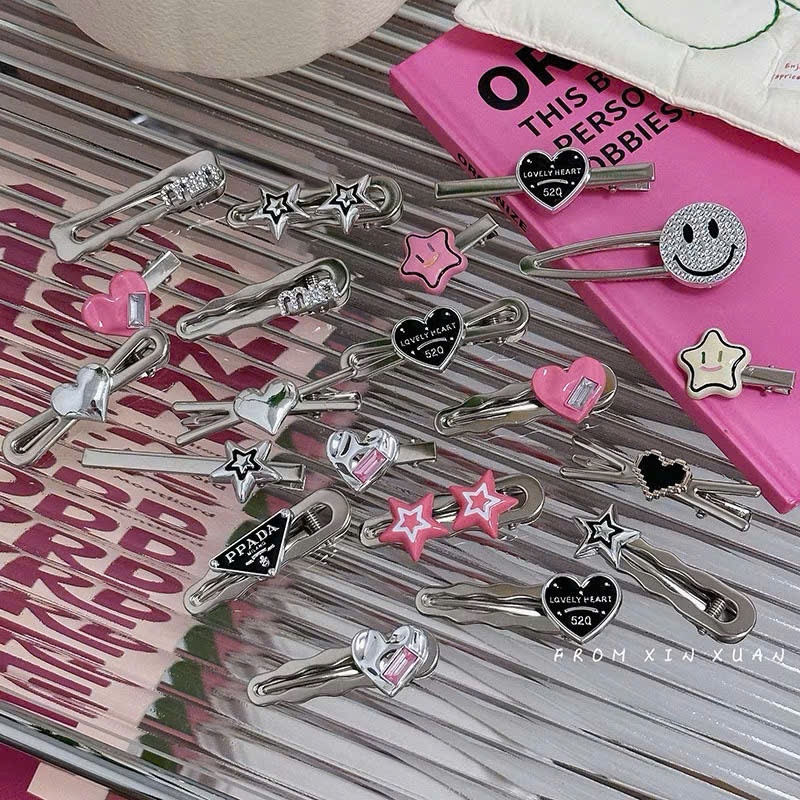 Set 7-8 Kẹp Plink Chan Màu Bạc Họa Tiết Xinh Xắn Phong Cách Y2K Cá Tính Nhiều Mẫu