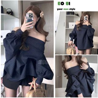 Áo trễ vai tay bồng form rộng giấu quần, Áo sơ mi tiểu thư kẻ kiểu dáng ulzzang - EOBI