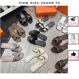  H37 Dép lê nữ da sần mềm phối khuy đế bệt hàng QC fullbox 