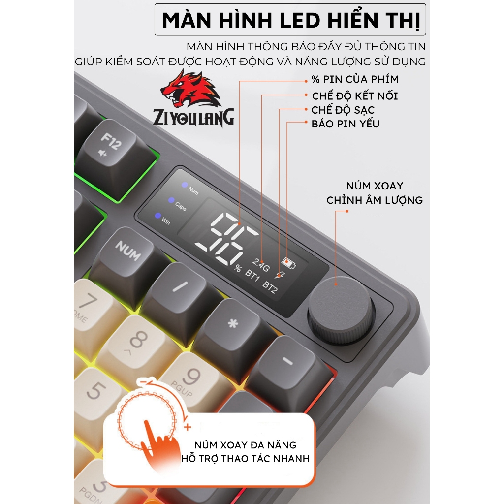 Bàn Phím Không Dây Free Wolf M96 - LED 7 Màu, Thời Lượng Pin 15 Ngày, Màn Hình Hiển Thị | BigBuy360 - bigbuy360.vn