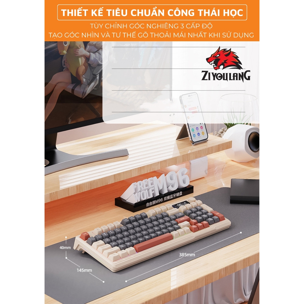 Bàn Phím Không Dây Free Wolf M96 - LED 7 Màu, Thời Lượng Pin 15 Ngày, Màn Hình Hiển Thị | BigBuy360 - bigbuy360.vn