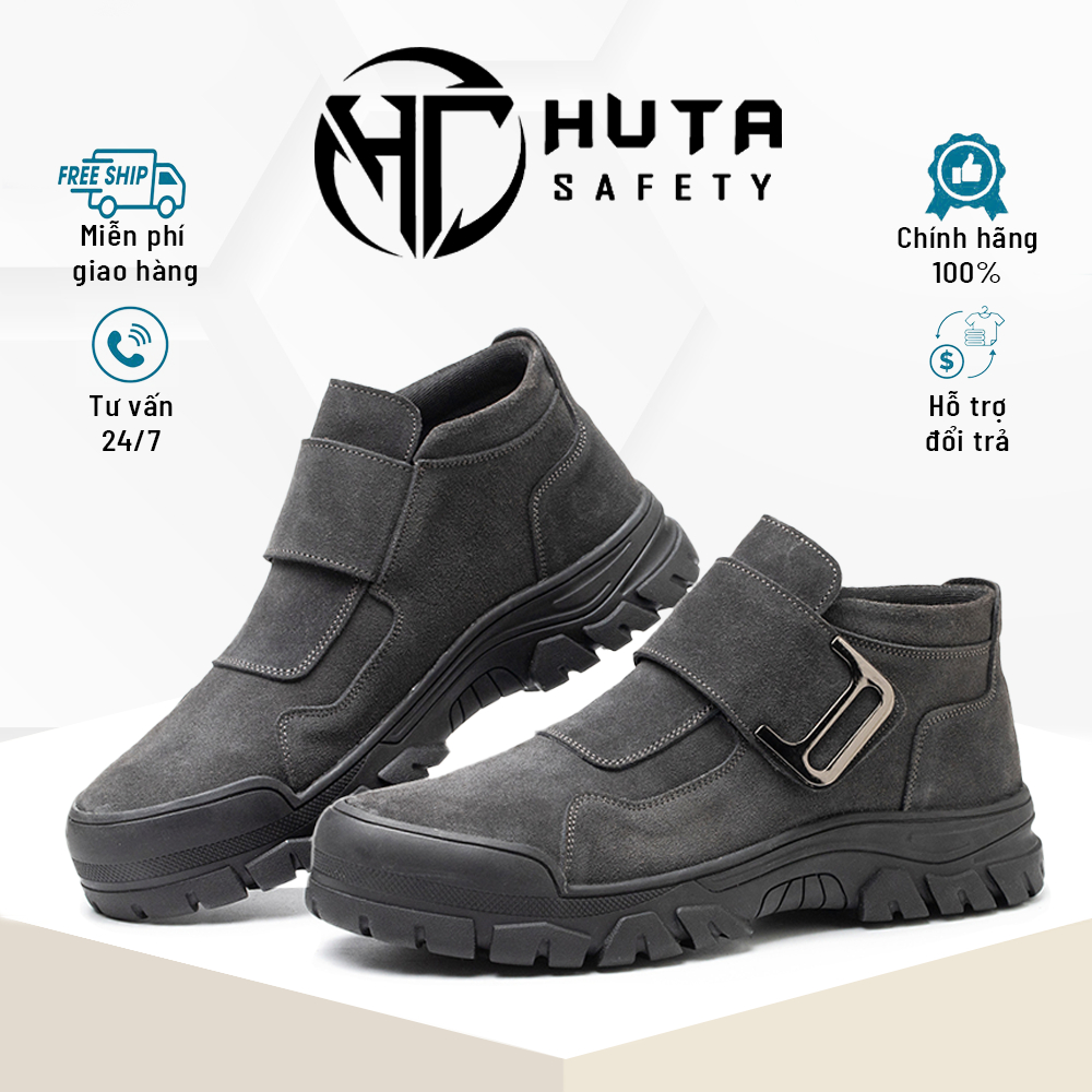 Giày bảo hộ không dây HUTA chống đinh, chống dập ngón và chống trơn trượt chính hãng,  da bò lộn